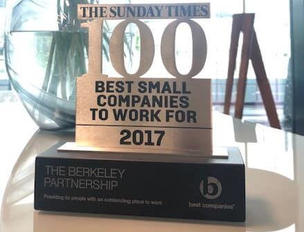 The Sunday Times Best Small Companies to Work for award (2017) to celebrate that The Berkeley Partnership remains in the top 20 of the Sunday Times top 100 'Best Small Companies to Work For’ list