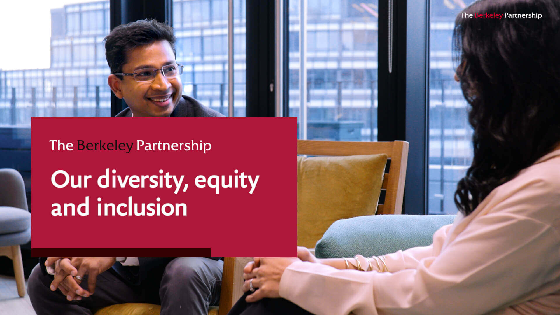 An on-screen banner says 'Our diversity, equity and inclusion'. In the background, two Berkeley people are sitting on sofa, having a discussion. 