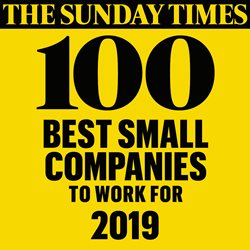 The Sunday Times Best Small Companies to Work for logo (2019) to showcase that The Berkeley Partnership has been listed in the top 10 of the Sunday Times 'Best Small Companies to Work For’ in the UK.