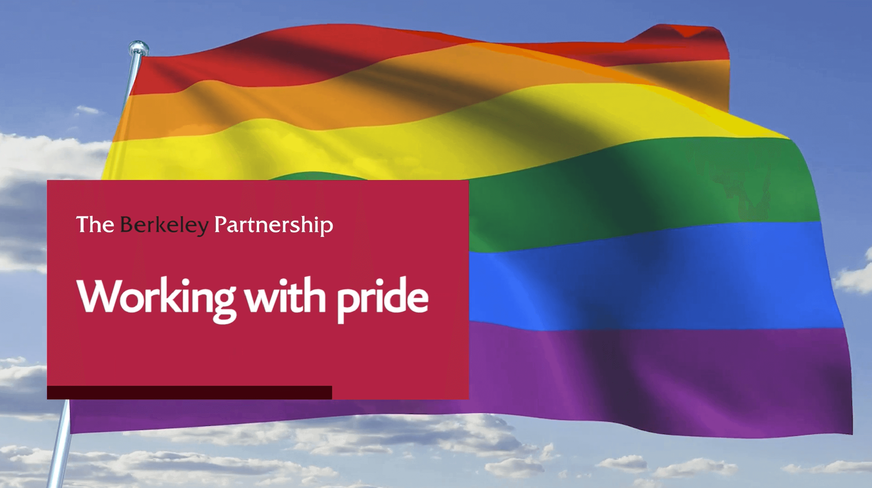 An on-screen banner says 'Working with pride'. In the background, an LGBT rainbow flag is flying.